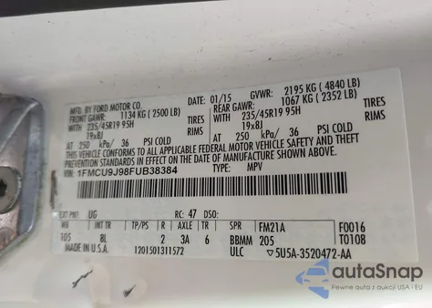 2015 Ford Escape Titanium from USA, damaged, VIN 1FMCU9J98FUB38384